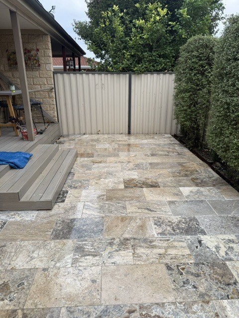 Travertine Paving Area, outdoor construction project by Premier Outdoors, Melbourne eastern suburbs