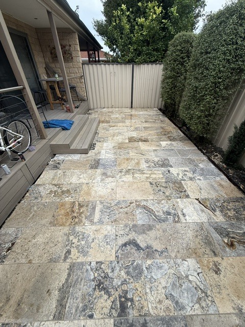 Travertine Courtyard & Seating, outdoor construction project by Premier Outdoors, Melbourne eastern suburbs
