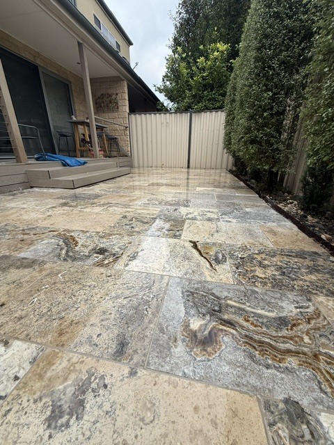 Travertine Entertaining Area, outdoor construction project by Premier Outdoors, Melbourne eastern suburbs